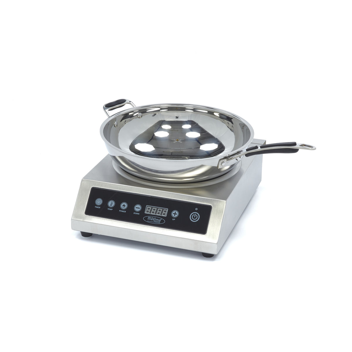 Wok à induction Maxima Ø26 cm, puissance 3500W, avec poignée en acier inoxydable, adapté pour cuisson rapide.