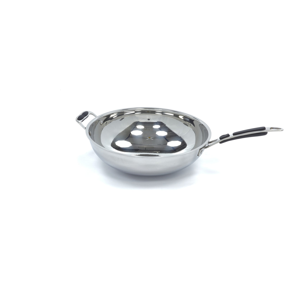 Poêle à wok en acier inoxydable de 36 cm pour induction, accessoire de cuisine Maxima, vue de dessus avec manche.