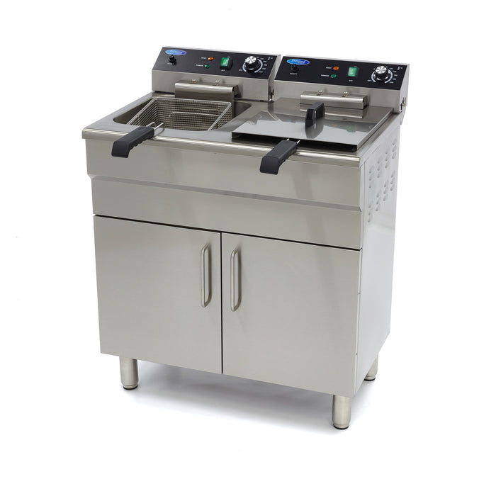 Friteuse Maxima de 2 x 16 L avec 2 paniers, robinet de vidange et support, alimentée en 400V, idéale pour la restauration.