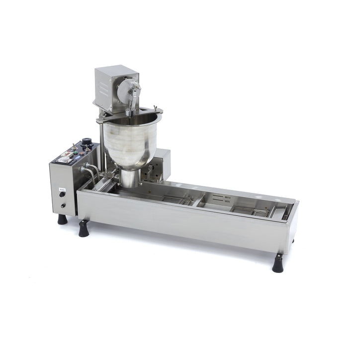 Machine à donuts automatique Maxima avec friteuse à retournement, capacité de 450 donuts par heure, vue de l'appareil en fonctionnement