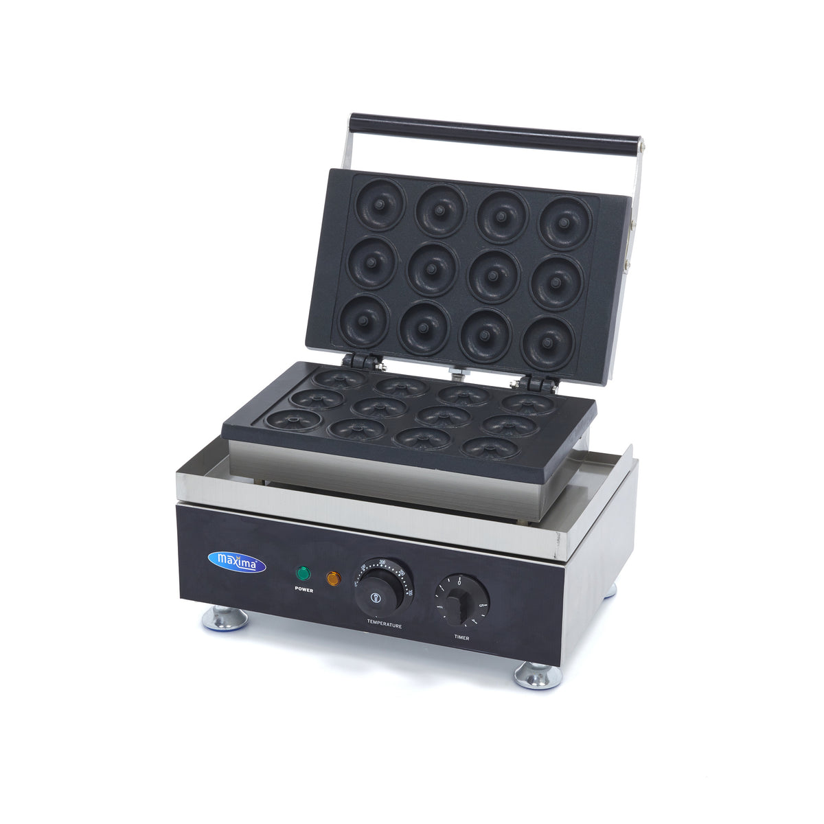 Machine à beignets Maxima avec 12 mini beignets de 5 cm, équipée d'une minuterie intégrée pour une cuisson facile.