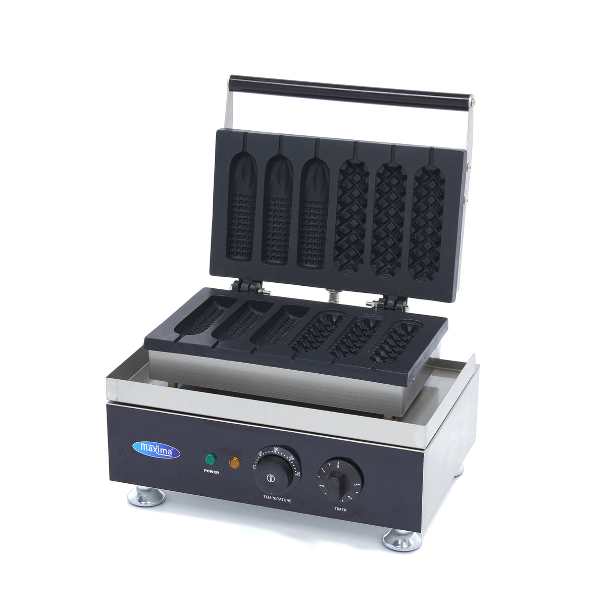 Gaufrier professionnel Maxima avec 6 bâtons et 2 motifs pour corn dogs, plateforme en acier inoxydable.