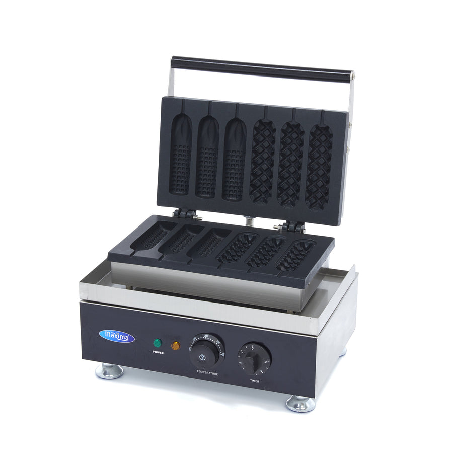 Gaufrier professionnel Maxima avec 6 bâtons et 2 motifs pour corn dogs, plateforme en acier inoxydable.