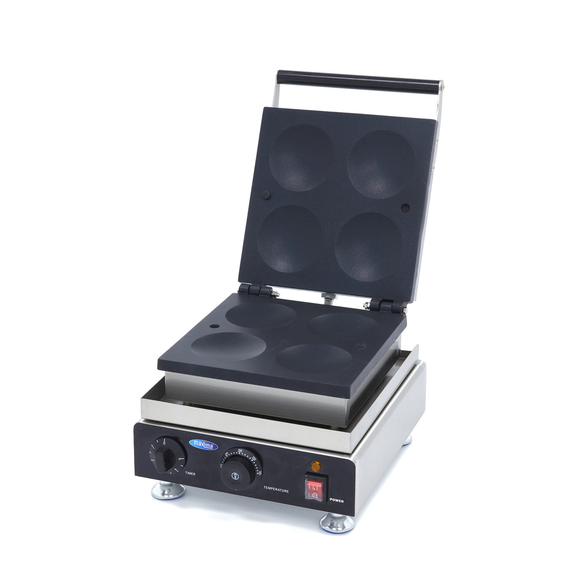 Appareil à crêpes Maxima avec plaque pour 4 crêpes de 10 cm de diamètre, machine à pancakes compacte et facile à utiliser.