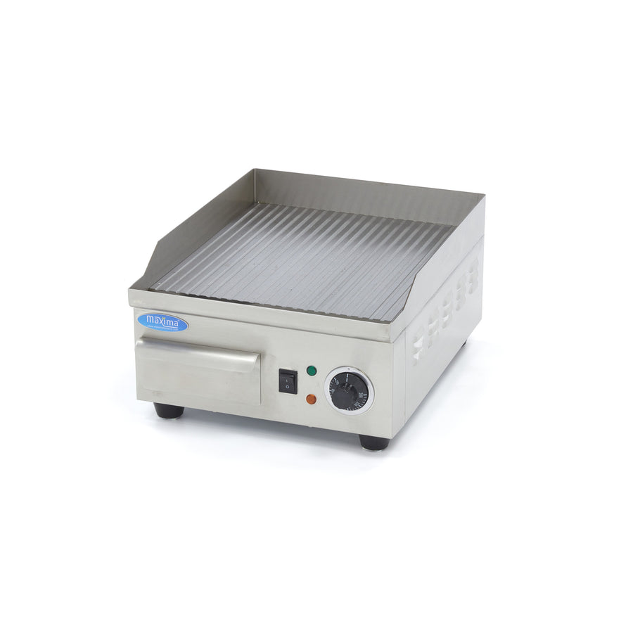 Plaque de grill rainurée de 36 cm pour plancha Maxima avec plateau d'égouttement, idéale pour cuisson professionnelle.