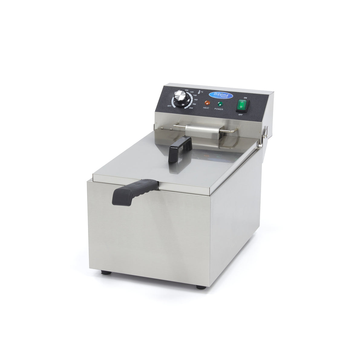 Friteuse Maxima de 11 L avec un panier, capable de cuire jusqu’à 1,4 kg de frites, en acier inoxydable blanc.
