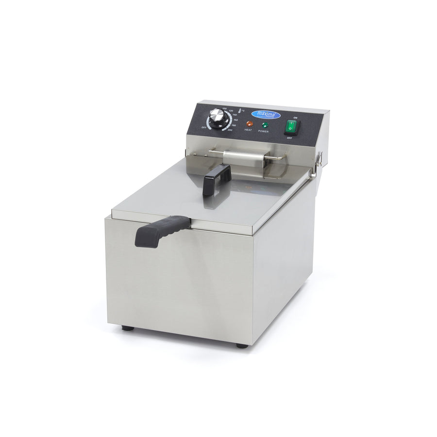 Friteuse Maxima de 11 L avec un panier, capacité jusqu'à 1,4 kg de frites, en acier inoxydable, moderne et pratique.