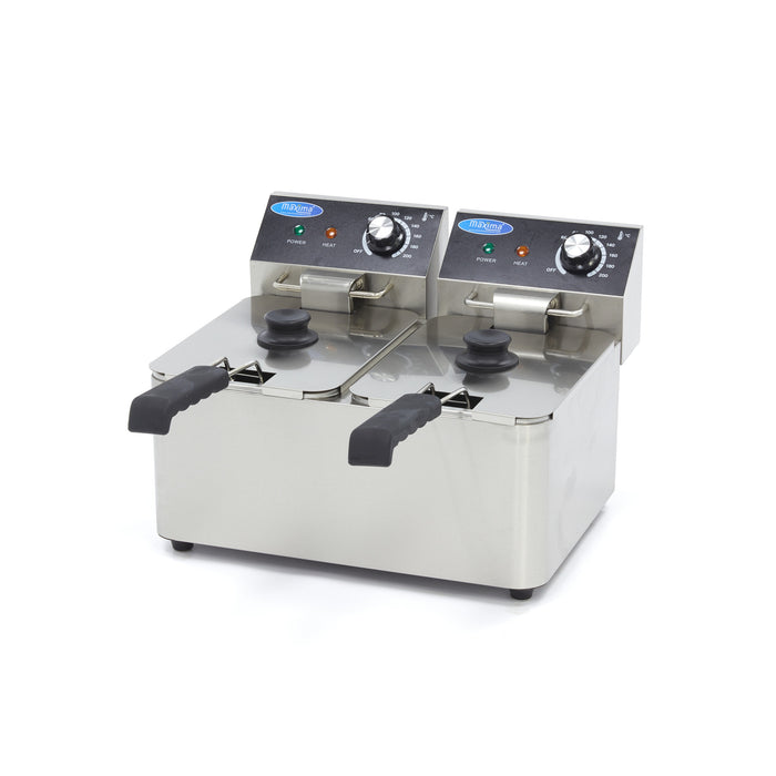 Friteuse Maxima avec 2 paniers de 4L, capacité jusqu'à 1,5 kg de frites, appareil de cuisson friture, image montrant la friteuse.