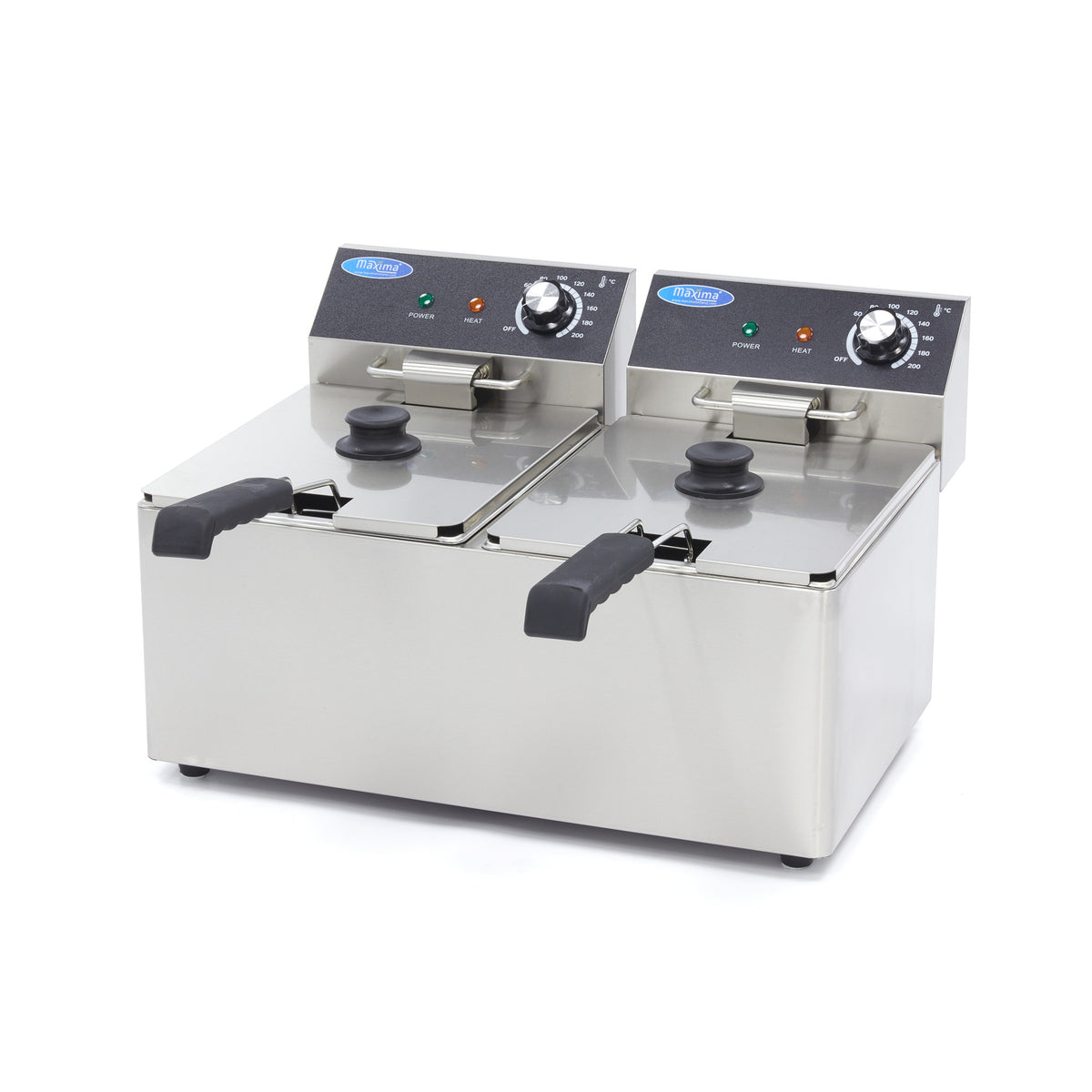 Friteuse Maxima avec 2 paniers de 8 L, capacité jusqu'à 2,8 kg de frites, appareil de cuisson professionnel.