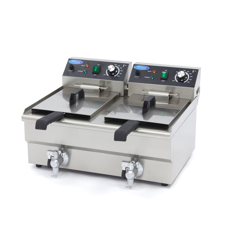 Friteuse Maxima avec 2 paniers de 10 L, robinet de vidange, en acier inoxydable, vue de face avec boutons de contrôle