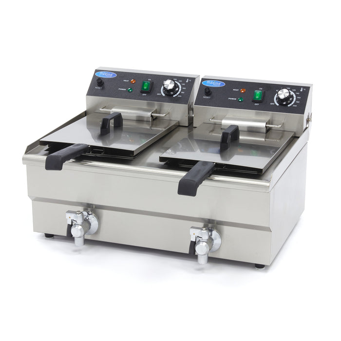 Friteuse Maxima avec 2 paniers de 13 L, robinet de vidange, idéale pour la friture commerciale ou familiale.