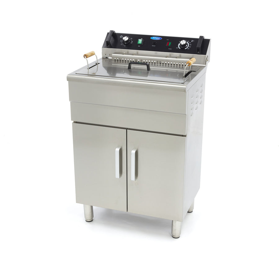 Friteuse Maxima de 30 L avec un panier, robinet de vidange et support pour une cuisson pratique.