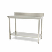 Table en acier inoxydable Maxima, 160x60 cm, hauteur réglable, dosseret et étagère de rangement visibles.