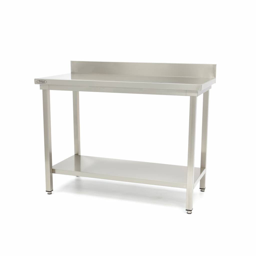 Table en acier inoxydable Maxima, 200x60 cm, hauteur réglable, dosseret et étagère de rangement visible.