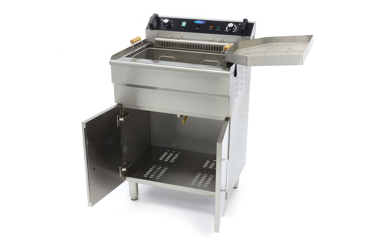 Friteuse Maxima de 35 L avec panier, robinet de vidange et branchement 400V, appareil professionnel pour friture.