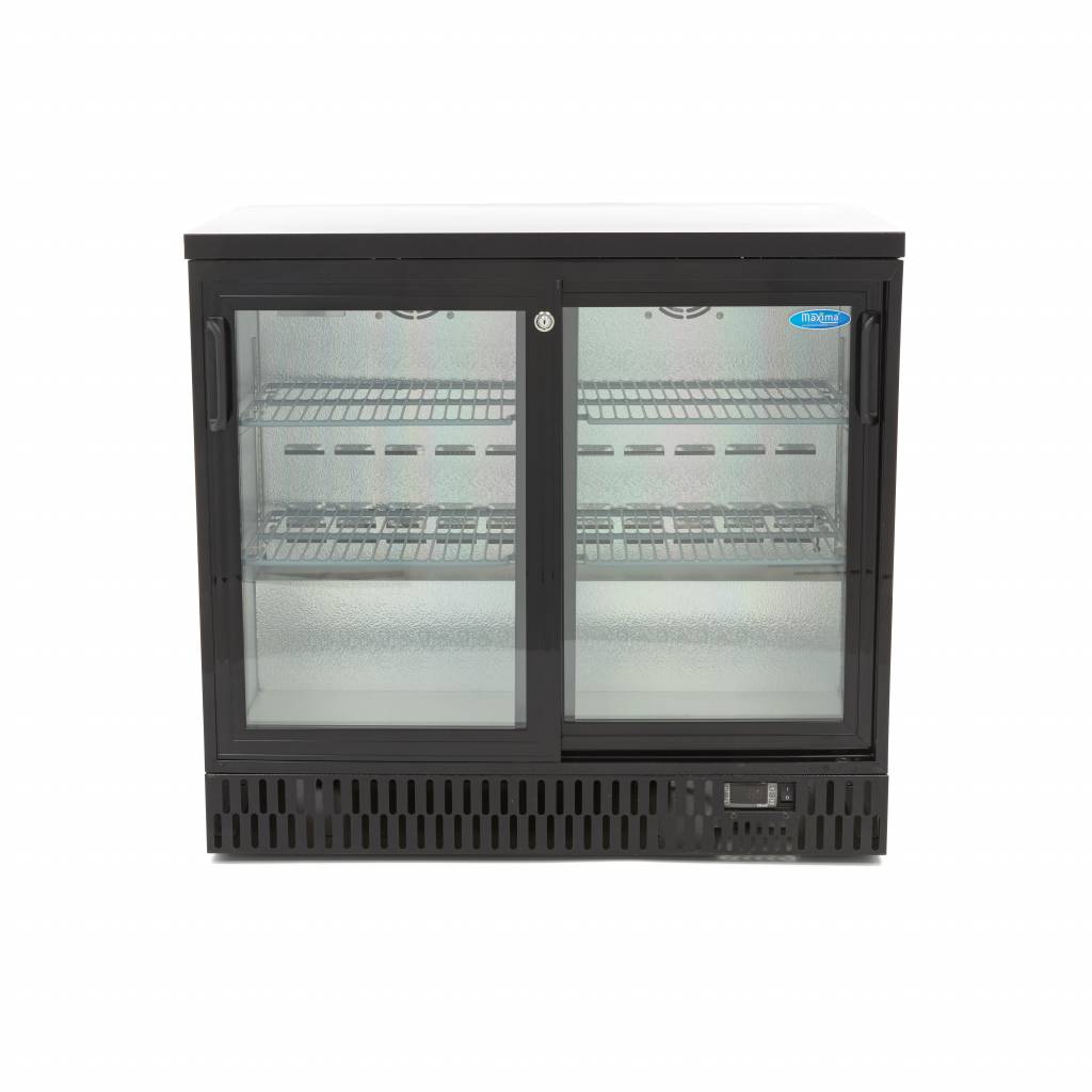 Réfrigérateur à boissons Maxima à 2 portes coulissantes avec 4 étagères réglables, intérieur visible et capacité maximale.