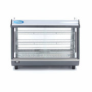 Vitrine chauffante Maxima de 136 L avec 3 étagères, dimensions 91,5 cm, en verre et métal, idéale pour présenter des produits chauds.