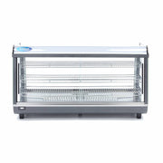 Vitrine chauffante Maxima de 186 L avec 3 étagères, longueur 121,5 cm, en verre pour présentation de produits.