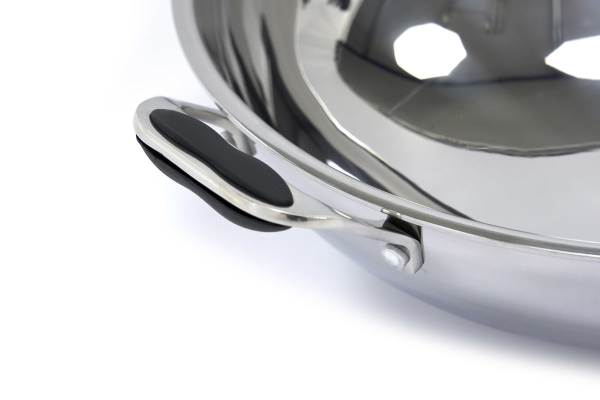Poêle à wok en acier inoxydable Maxima, diamètre 36 cm, compatible induction, vue de face avec poignée en acier.