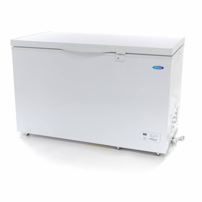 Congélateur coffre professionnel Maxima, 345 L, sur roulettes avec panier suspendu pour rangement pratique.