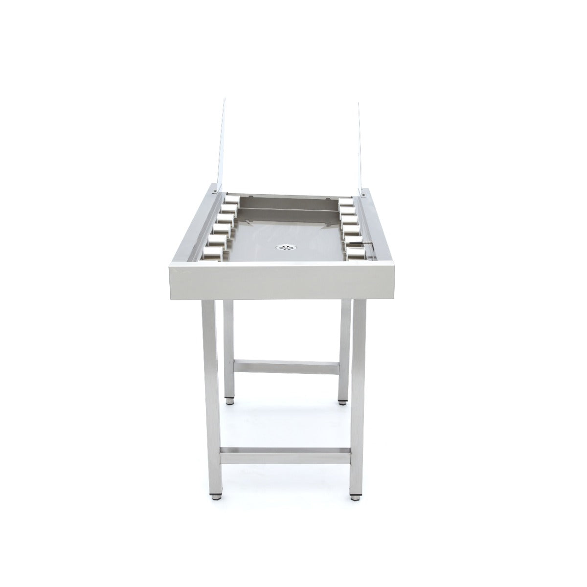 Table à rouleaux droits en acier inoxydable pour lave-vaisselle Maxima, équipée pour convoyeur à paniers.