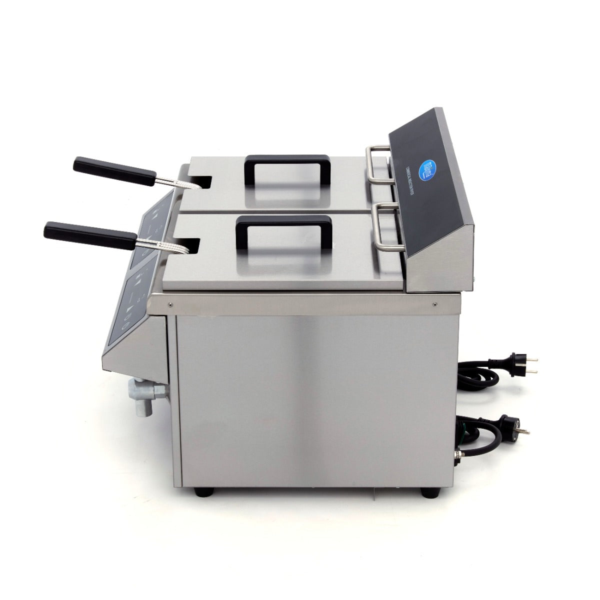Friteuse à induction Maxima, 2 x 8 L, 2 paniers, avec robinet de vidange, idéale pour une cuisson rapide et pratique