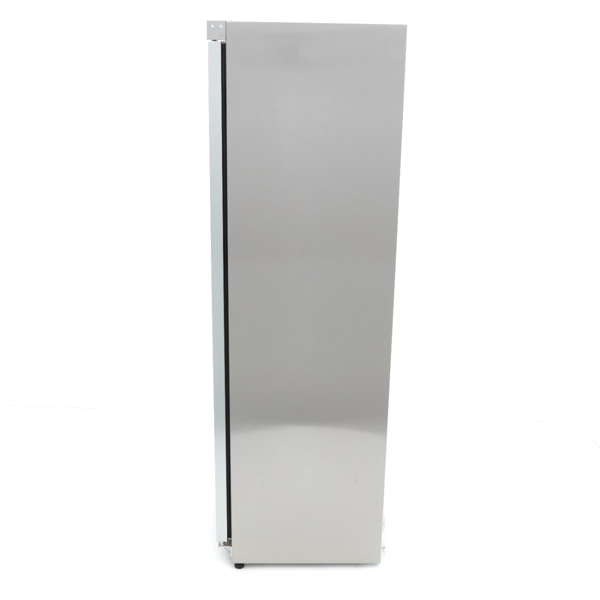 Réfrigérateur Maxima en acier inoxydable de 400 L avec porte en verre, design moderne et espace de stockage spacieux.