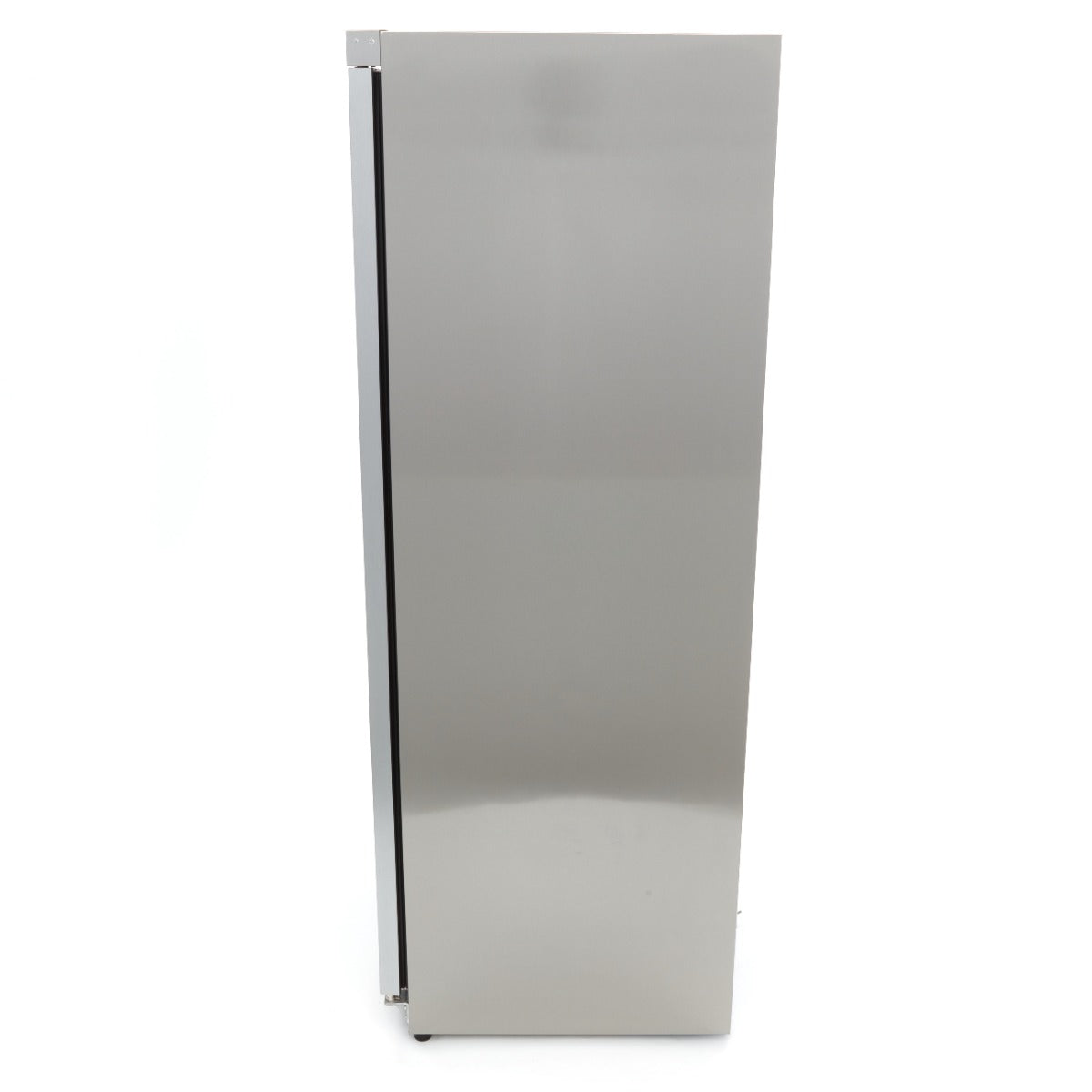 Réfrigérateur en acier inoxydable Maxima de 600 L avec porte en verre, intérieur visible dans l'image.