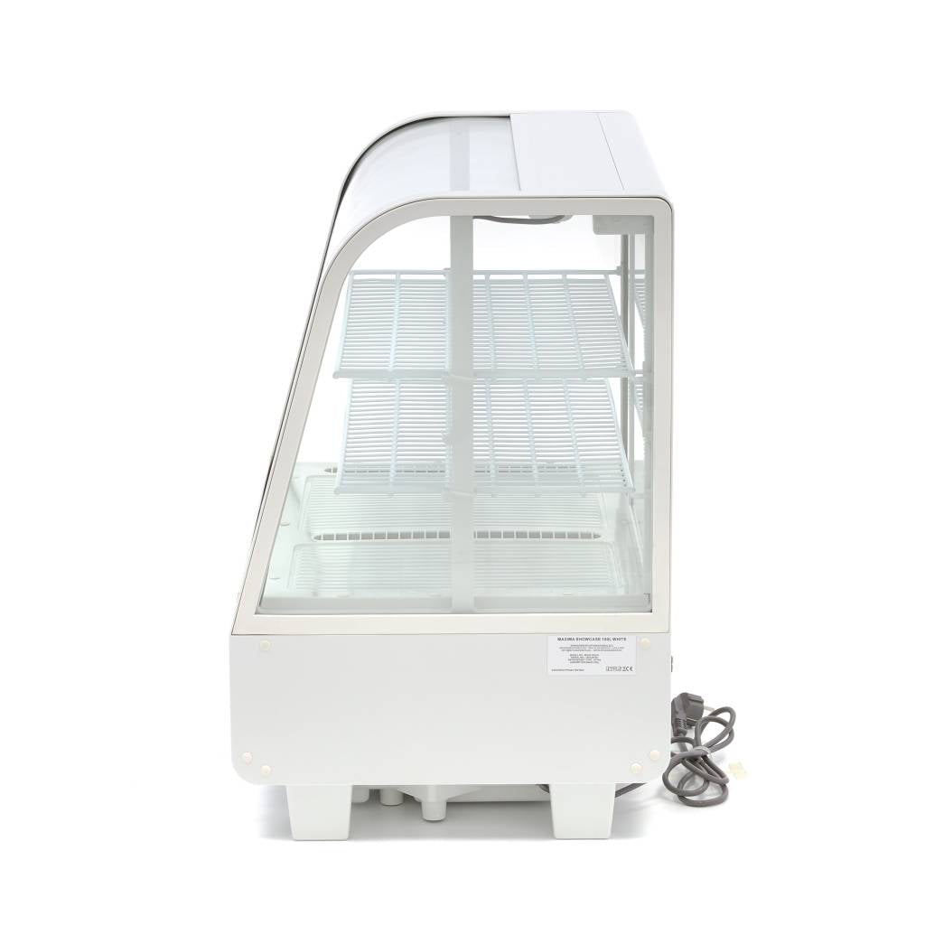 Vitrine à gâteaux blanche Maxima réfrigérée de 100 L, 68 cm de large, pour présentation de pâtisseries et desserts.