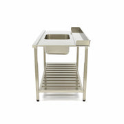 Table lave-vaisselle Maxima en inox, 140x75 cm droite avec évier, dosseret et étagère de rangement.