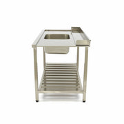 Table lave-vaisselle en inox Maxima, 120x75 cm, gauche avec évier, dosseret et étagère de rangement pour cuisine.