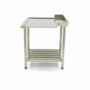 Table lave-vaisselle en inox Maxima, 90x75cm, gauche, avec dosseret et étagère de rangement, vue de face montrant le plan de travail et l’évier