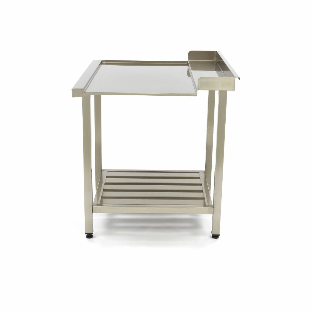 Table lave-vaisselle en inox Maxima, 90x75cm, gauche, avec dosseret et étagère de rangement, vue de face montrant le plan de travail et l’évier