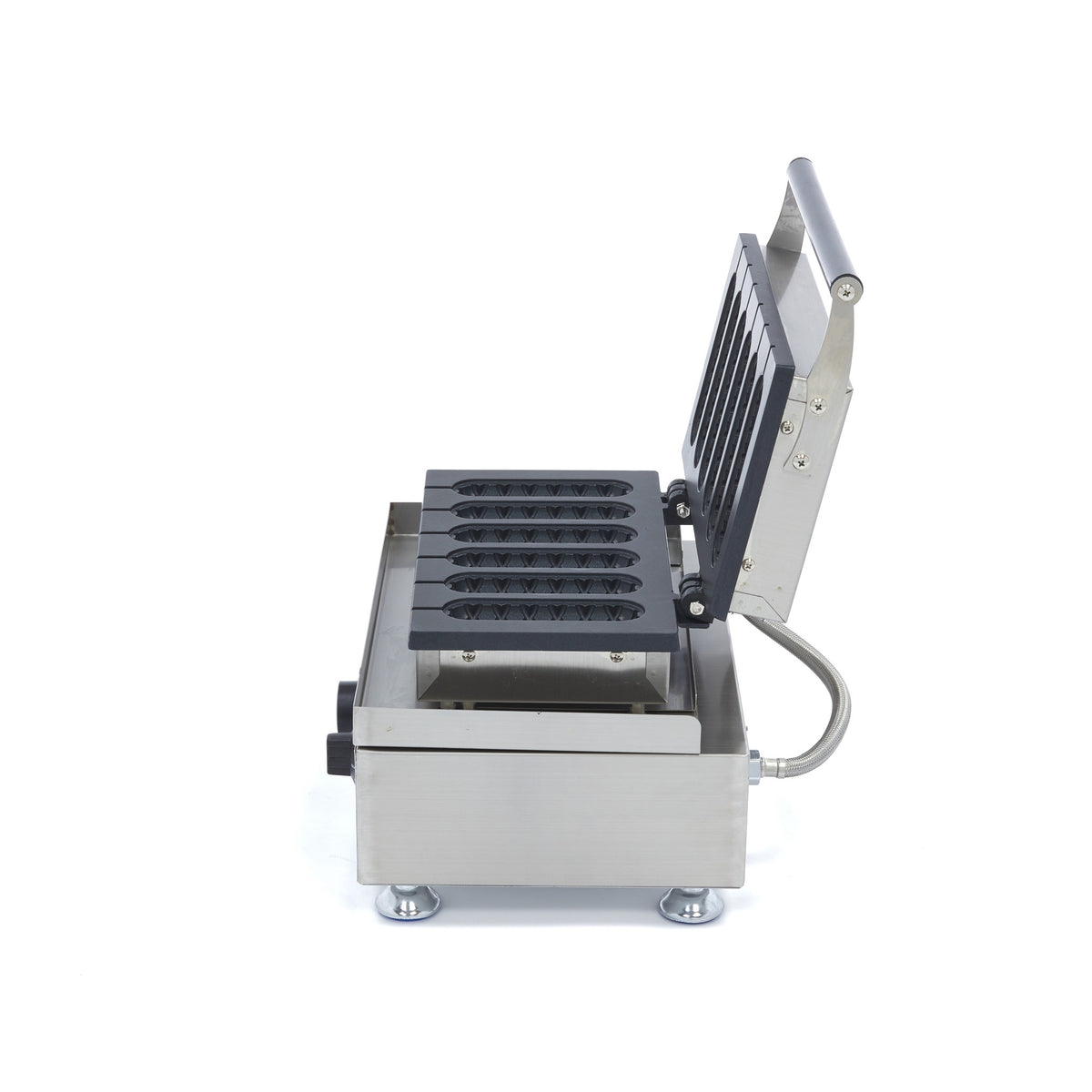 Gaufrier professionnel Maxima avec 6 bâtons pour corn dogs, motif diamant, en acier inoxydable, prêt à cuire.