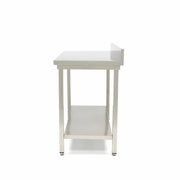 Table en acier inoxydable Maxima, 180 x 60 cm, hauteur réglable avec dosseret et étagère de rangement visible.