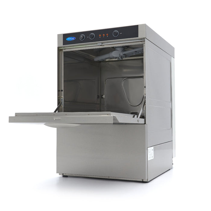 Lave-vaisselle professionnel frontal Maxima sous plan 40x40 cm avec pompe de rinçage, alimentation 230V, vue de face.