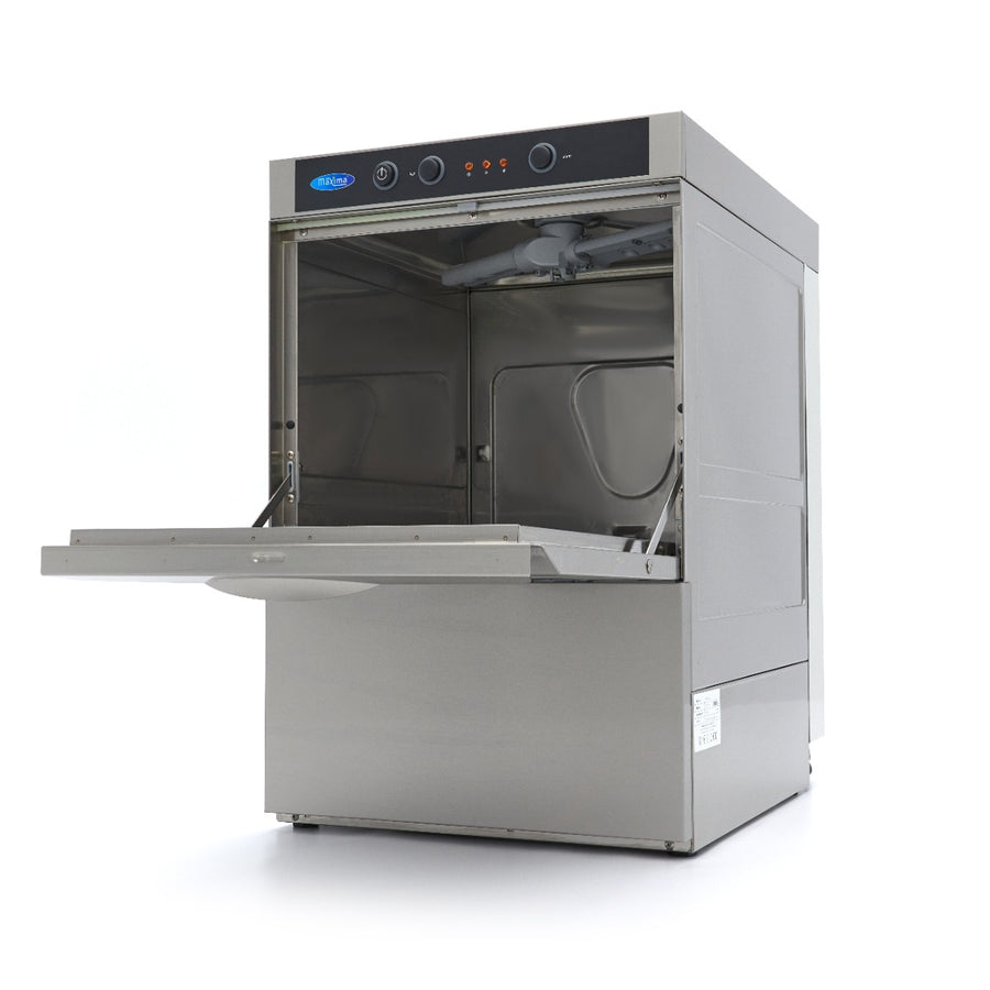Lave-vaisselle professionnel frontal Maxima sous plan 40x40 cm avec pompe de rinçage, alimentation 230V, vue de face.