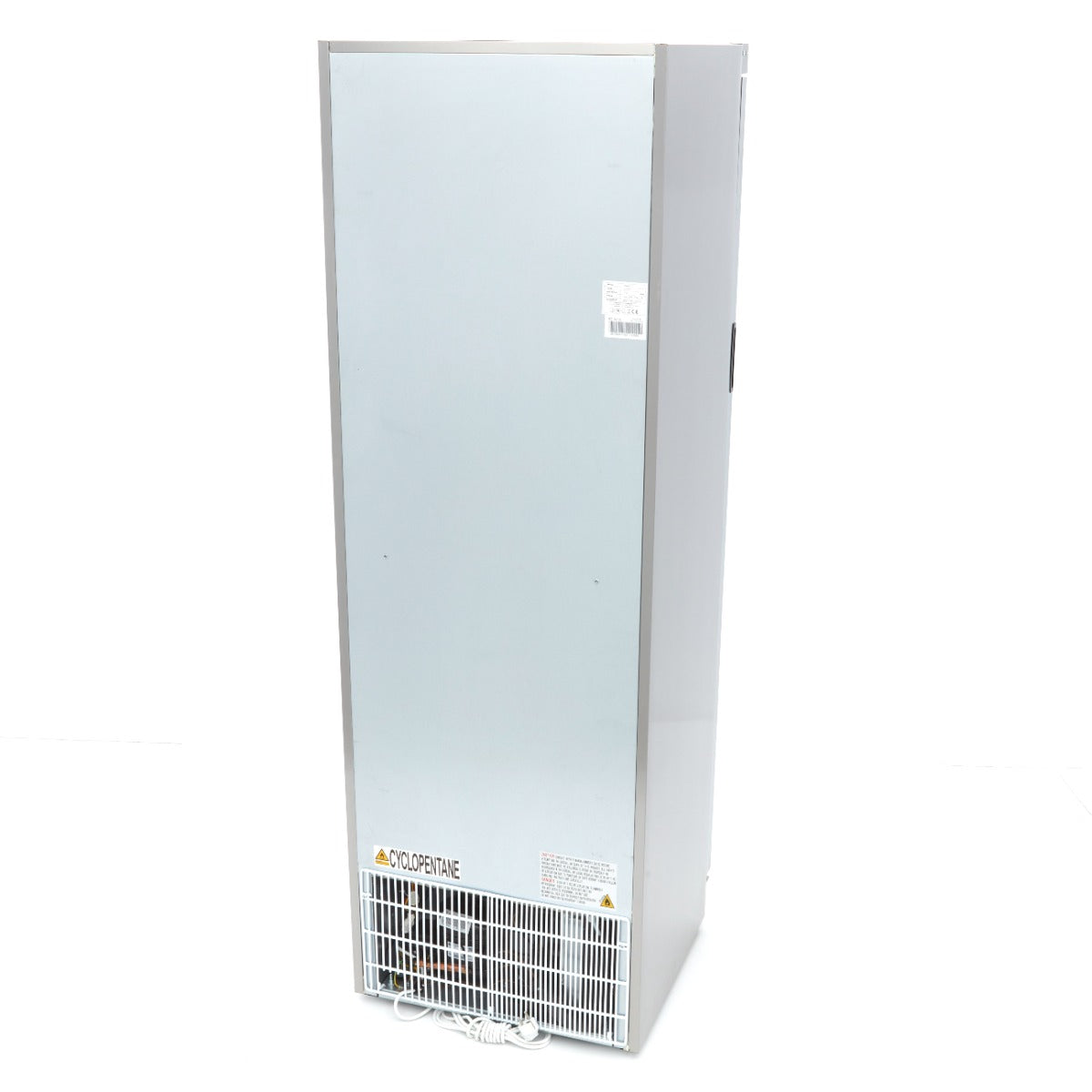 Réfrigérateur en acier inoxydable Maxima de 400 L avec porte en verre, design moderne et espace de stockage spacieux.