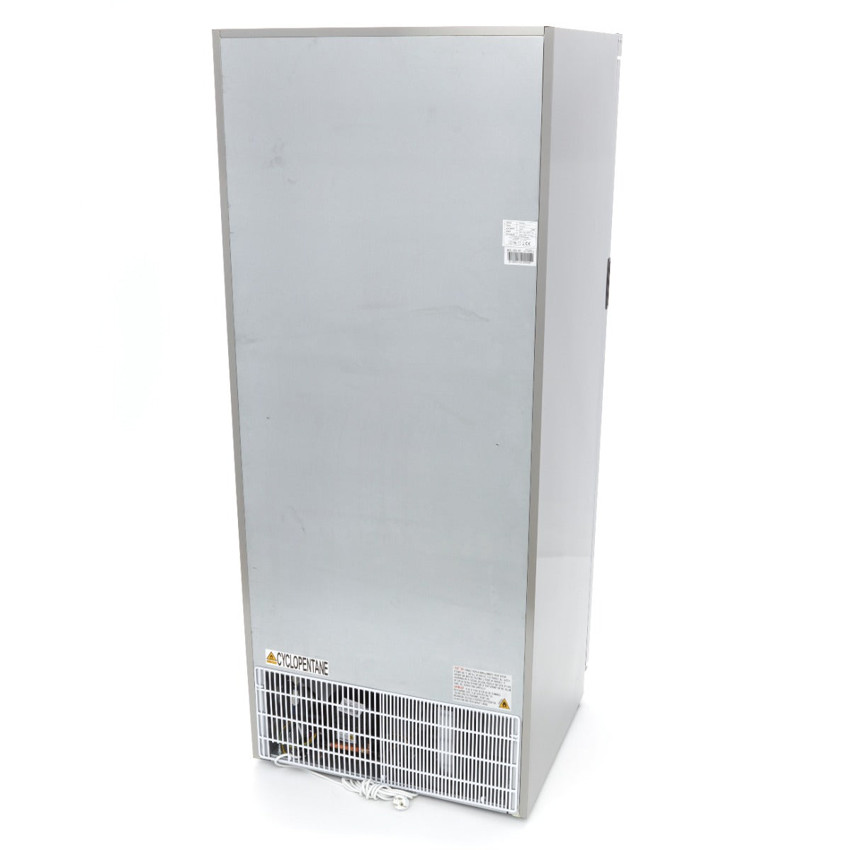 Réfrigérateur Maxima en acier inoxydable de 600 L avec porte en verre, design moderne et espace de stockage ample.