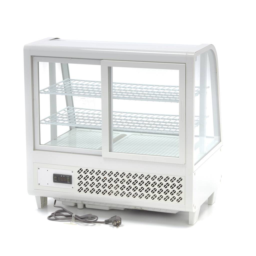Vitrine à gâteaux blanche Maxima réfrigérée de 100 L et 68 cm, vitrine pour présentation et conservation de desserts.