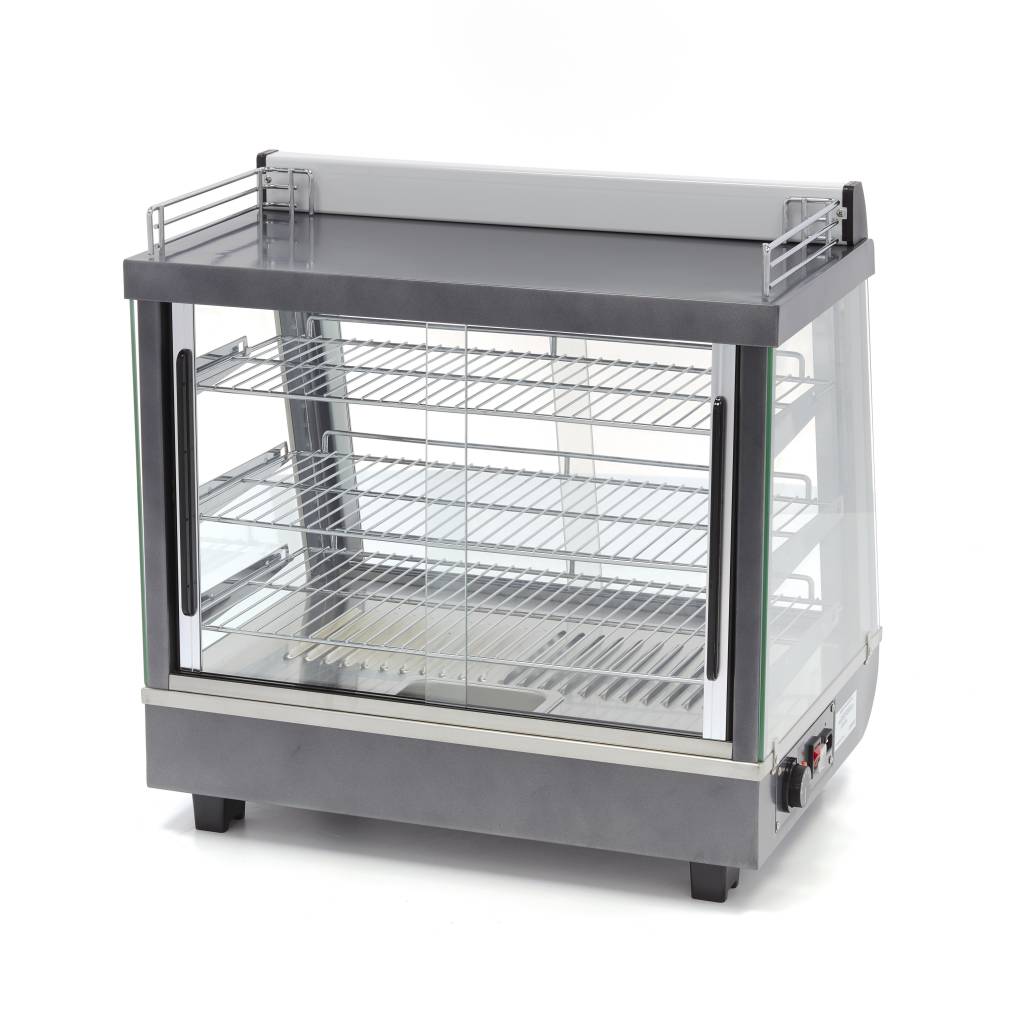Vitrine chauffante Maxima de 96 L avec 3 étagères, dimensions 67,5 cm, en verre pour présentation alimentaire.