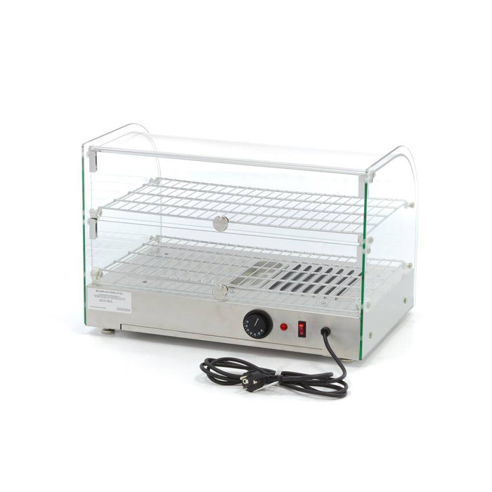 Vitrine chauffante Maxima de 45 L avec 2 étagères, dimensions 55 cm, en verre pour présentation d'aliments chauds.
