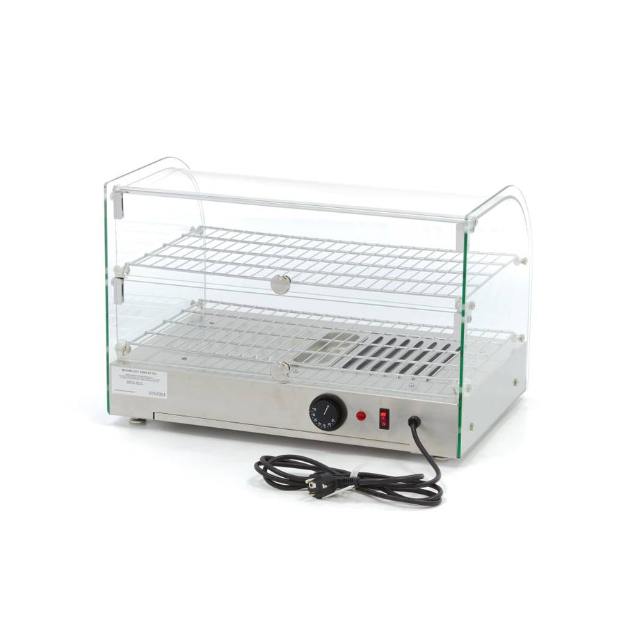 Vitrine chauffante Maxima de 45 L avec 2 étagères, dimensions 55 cm, en verre pour présentation d'aliments chauds.