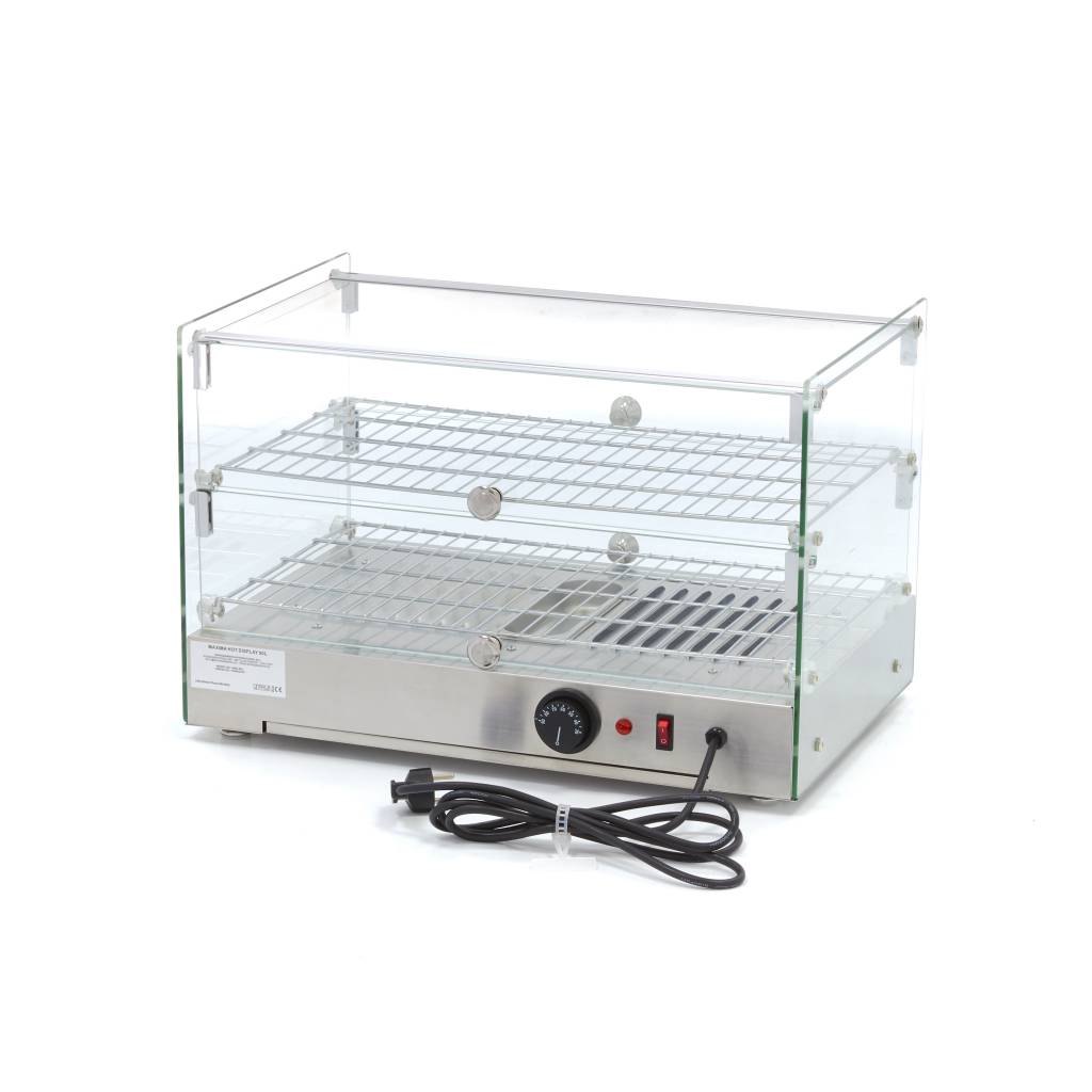 Vitrine chauffante Maxima de 50 L avec 2 étagères, capacité de 55 cm, idéale pour garder les aliments chauds.