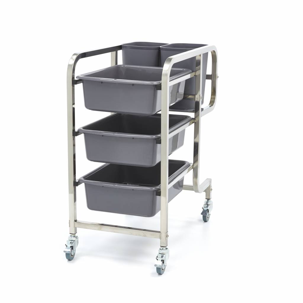 Chariot de débarrassage Maxima avec 5 bacs en plastique pour le nettoyage et le rangement.