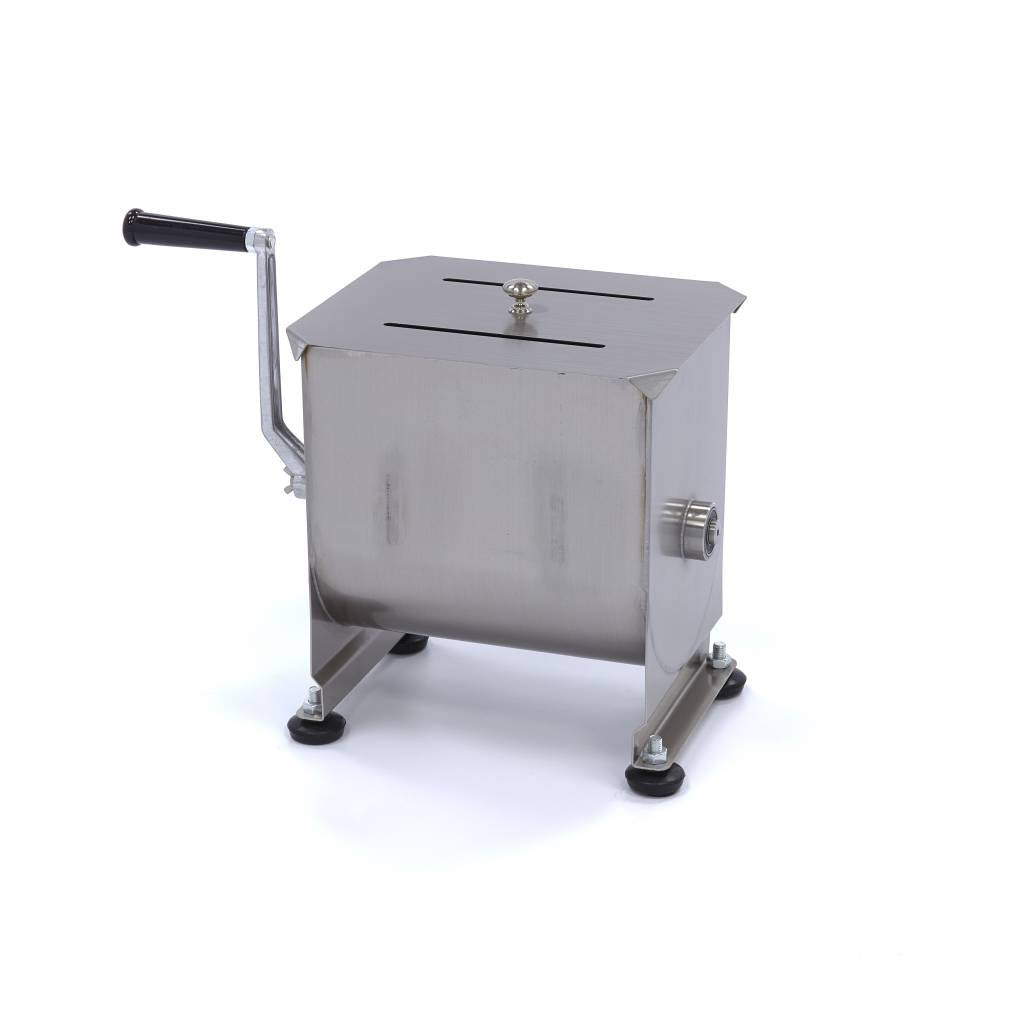 Mélangeur à viande Maxima, modèle manuel, capacité 10 L, pour 7,5 kg de viande, axle unique, utilisé en boucherie.