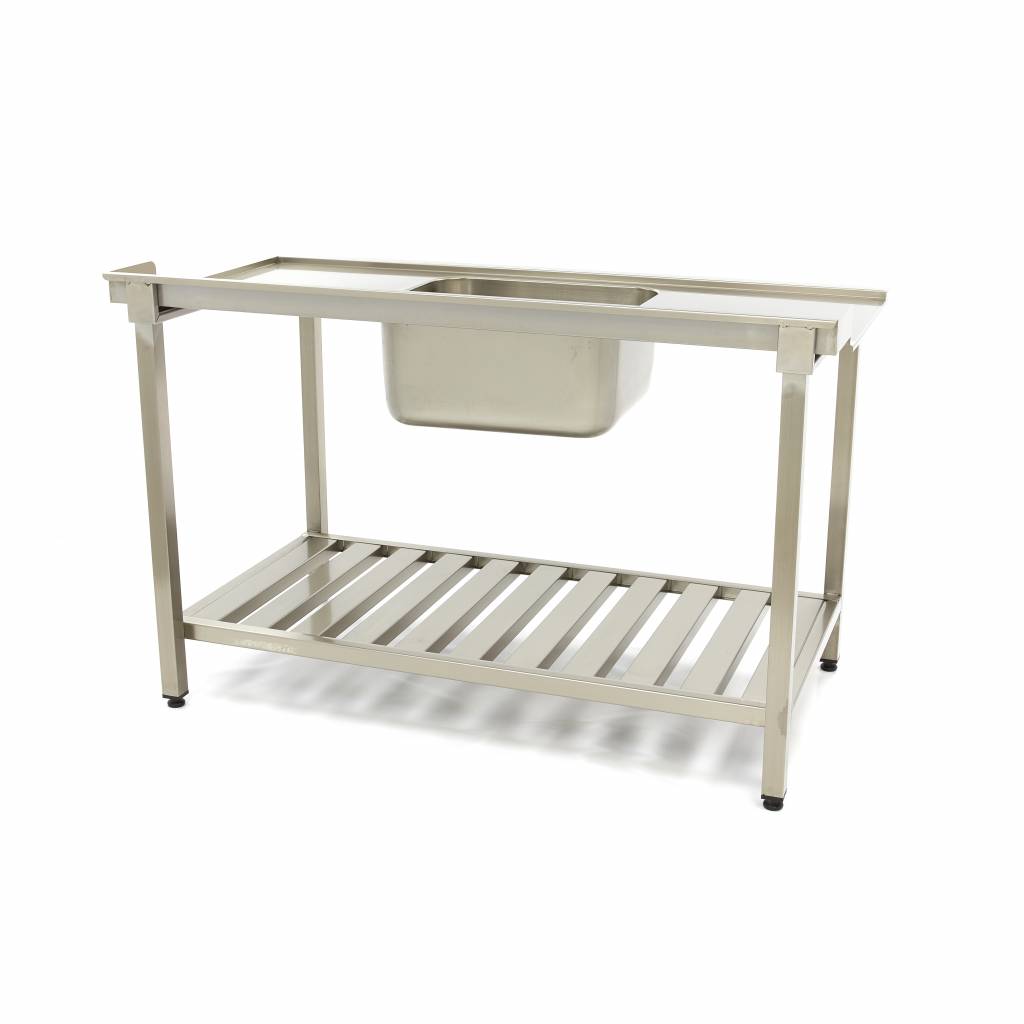 Table lave-vaisselle en inox Maxima, 140 x 75 cm, droite, avec évier, dosseret et étagère de rangement.