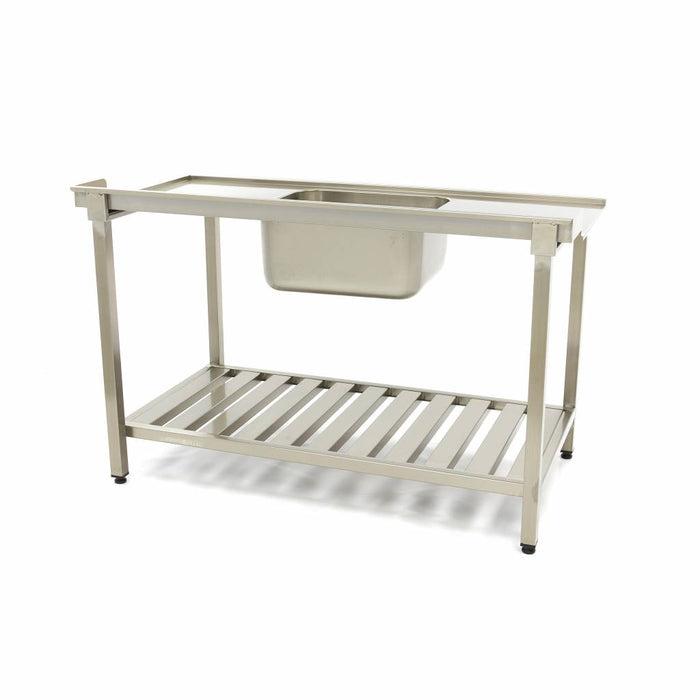 Table lave-vaisselle en inox Maxima, 140x75 cm, droite avec évier intégré, dosseret et étagère de rangement.