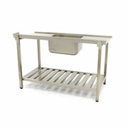 Table lave-vaisselle en inox Maxima, 120x75 cm, gauche avec évier, dosseret et étagère de rangement.