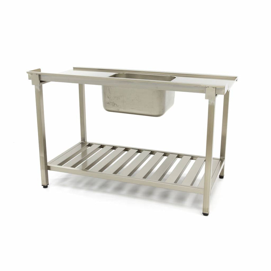 Table lave-vaisselle en inox Maxima, 120x75 cm, gauche avec évier, dosseret et étagère de rangement.